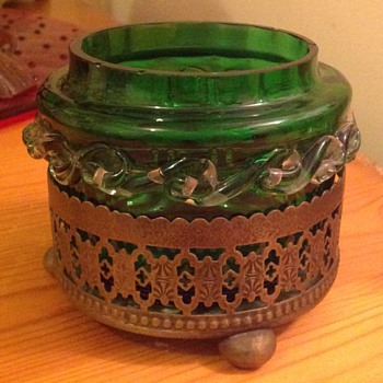 Glass jar in metal holder - Art Glass