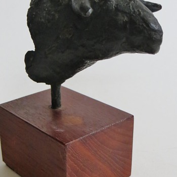 Small Bronze Sheep's head on Wood Stand - Animals
