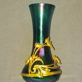 Unknown Bohemian Kralik? Gilt Mounted Purple Iridescent Vase - Art Glass