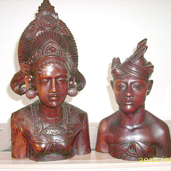 Vintage Mayan? Aztec? Asian? Wood Bust Carvings Circa 1925 - Asian