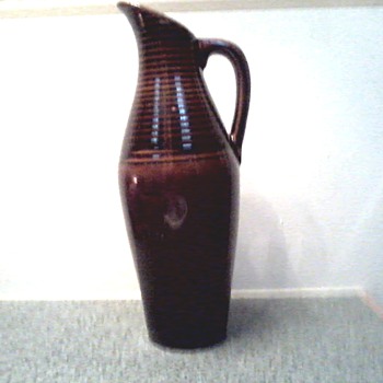 Hosley Potteries "Ringed" Brown Glazed Pitcher or Ewer / Circa 1980 - Art Pottery