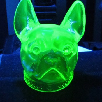 Vaseline Glass 'Bull Dog's Head' Candy Container from Boyd's Crystal Art Glass - Glassware