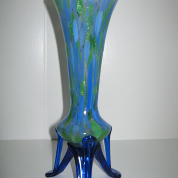 Czechoslovakia Cobalt Strutted Vase Mottled glass with green aventurine 1920's 30's - Art Glass