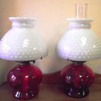 Eagle Brand Red Oil Lamps w/ Hobnail Milkglass Shade