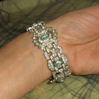Paste white & green rhinestone art deco bracelet
