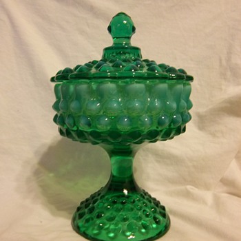 Fenton emerald green opalescent hobnail footed candy dish