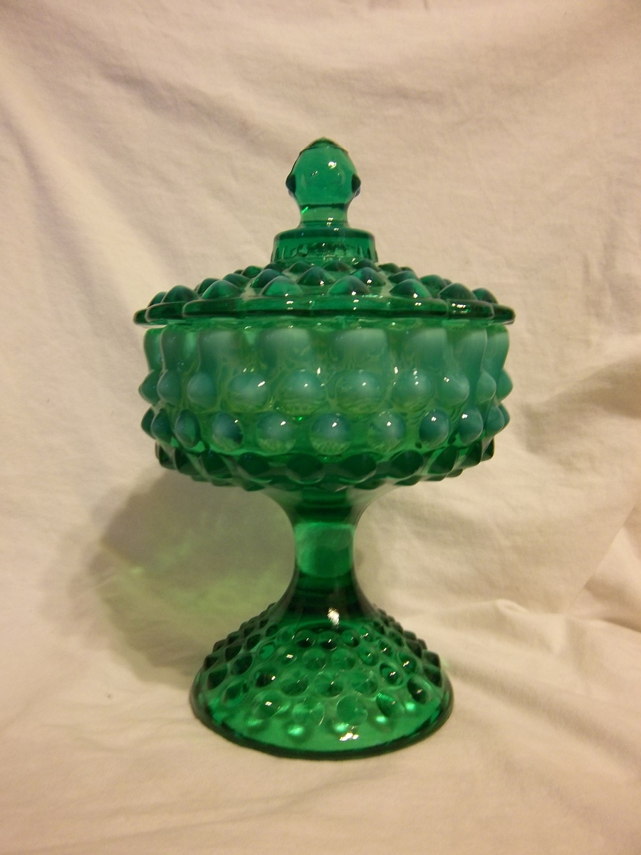 Fenton emerald green opalescent hobnail footed candy dish Collectors