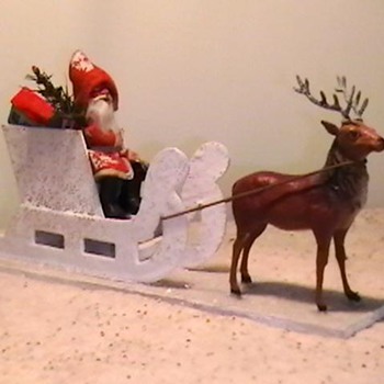 1920's-1930's German Putz Santa with Sleigh and Reindeer. - Christmas