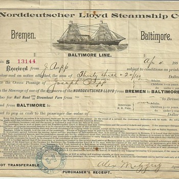 Norddeutscher Lloyd Steamship Co, Baltimore Line Ocean Passage Ticket - Paper