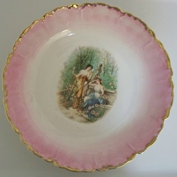 Pink and Gold Porcelain Bowl with Women in Garden Scene +Green Potters Mark