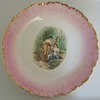 Pink and Gold Porcelain Bowl with Women in Garden Scene +Green Potters Mark