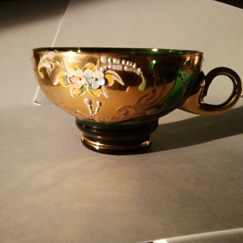 18-24K Gold Enameled Green Glass Cup - Glassware