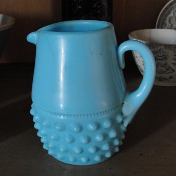 blue milk glass creamer hobnail applied handle