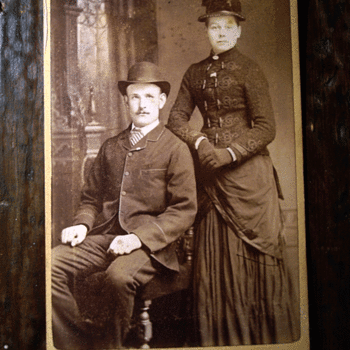 Antique Photo Cabinet Card - he in a bowler and she in a top hat - Photographs