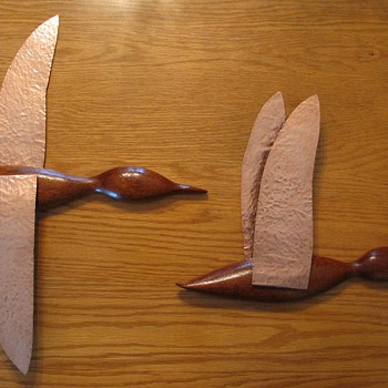 Mid Century Danish Modern Teak & Copper Flying Wall Ducks