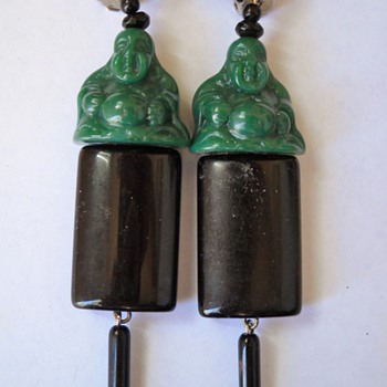 Vintage Clip Dangle Faux Jade Buddah & Deco Dangle Earrings - Costume Jewelry