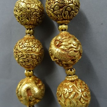 Antique silver gilt repousse beads necklace Dragons and floral! - Asian