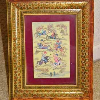 Vintage Hand Painted Polo Tile Horsemen Help INDIA Inlaid MOP Framed - Animals