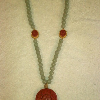  Vintage Jade Cinnabar Necklace 