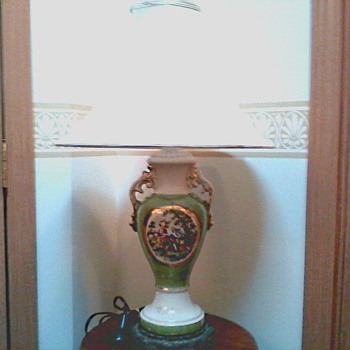 Green Luster Ware Lamp / Urn Style with Transfer Decoration and Gold Accents / Circa 1930's 40's - Lamps