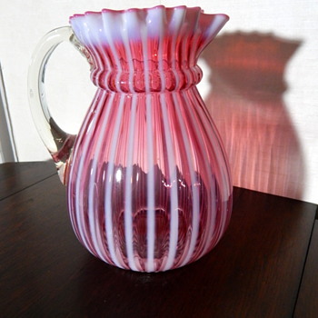 Opalescent Cranberry Ribbed Pitcher - Art Glass