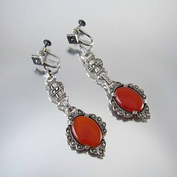 Vintage Art Deco sterling silver carnelian marcasite earrings - Fine Jewelry