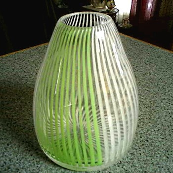 Cone Shaped 7 " Art Glass Vase / Lime Green and White Swirled Stripes/ Circa 20th Century - Art Glass