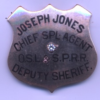 14K gold with large diamond presentation badge for Joseph Jones Chief Special Agent of the Oregon Short Line & SP Railroad Co.