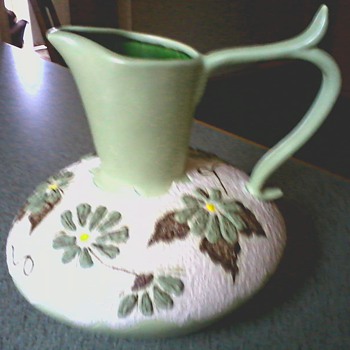 Large Matte Green and Textured White Raised Floral Design Pitcher /Circa 1971