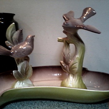 California Pottery USA / Bird Figurines and Bowl  /3 Piece Set /Circa 1940's 50's