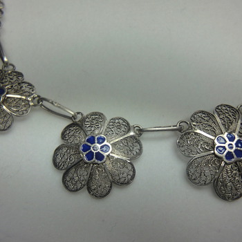 Victorian Silver filegree blue enamel flower necklace - Fine Jewelry