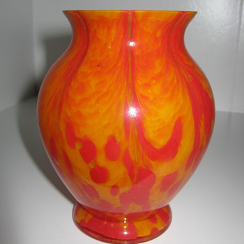 Czechoslovakia Glass Vase Orange and Red  Stripes and Spots decor - Art Glass