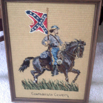 Old Needlepoint  Confederate  Soldier  textile  picture