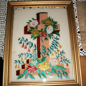 Awesome Victorian Tinsel Reverse Glass Painting of a Cross