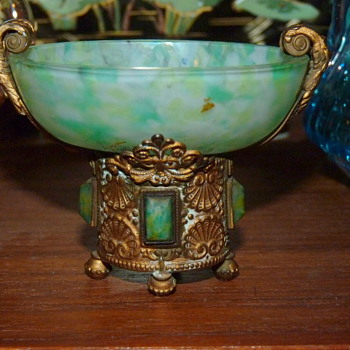 unknown glass marbled jeweled salt. - Art Glass