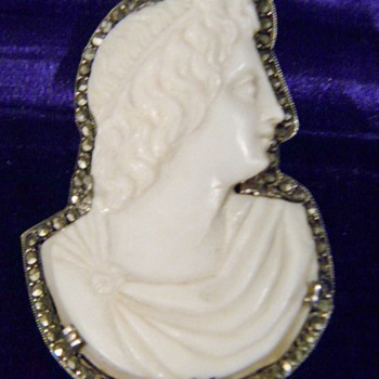 Antique French Victorian Carved Cameo Marcasite Silver Brooch - Fine Jewelry