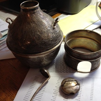 Unknown silver cannister with lid, stand and ladle from Egypt