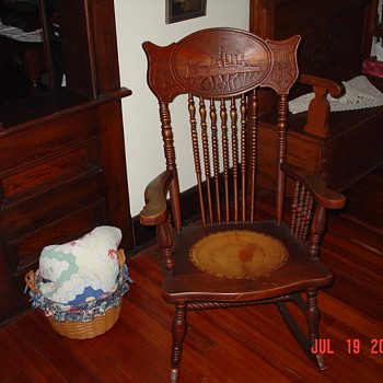 Early 1900's Antique Rocker With Hand Carved Ship In Headrest