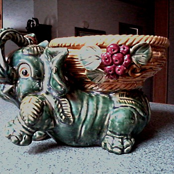 Large Green Elephant Planter with Basket / No Mark / Circa 1950's - Art Pottery