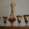 1950's gold covered wine carafe and glasses set