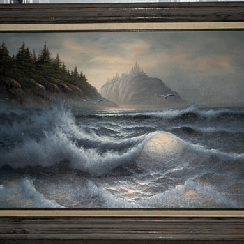 Beautiful large ocean oil painting, cant make out signature