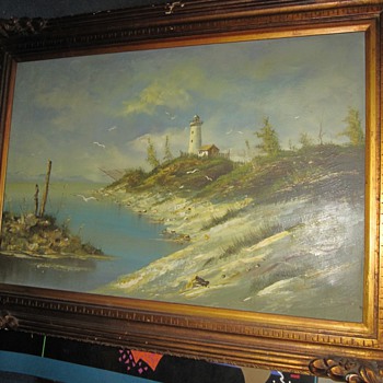 Antique Landscape Oil Painting Signed Unknown Artist S.A. __ ? Lighthouse Marine