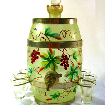 CZECH DECO EXPORT: ENAMELED BARREL DECANTER AND GLASSES. - Art Deco