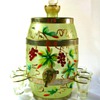 CZECH DECO EXPORT: ENAMELED BARREL DECANTER AND GLASSES.