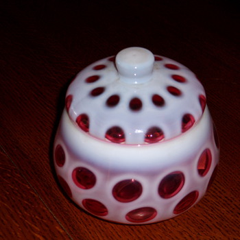Lidded cranberry coin opalescent bowl, approx. 6 in wide x 6 in tall, from my grandmother's estate - Glassware