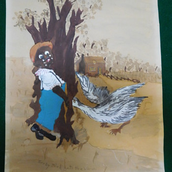 Vintage Original Black Americana Watercolor Painting "Early Bird Gets the Worm" - Folk Art