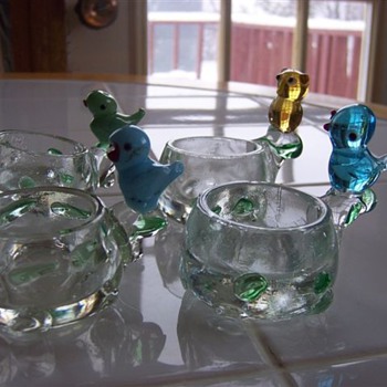 vintage bird topped egg cups with green bubbles - Glassware