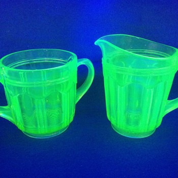Vintage Anchor Hocking Vaseline Glass Matching 5" Pitcher & Creamer / Sugar Container - Glassware