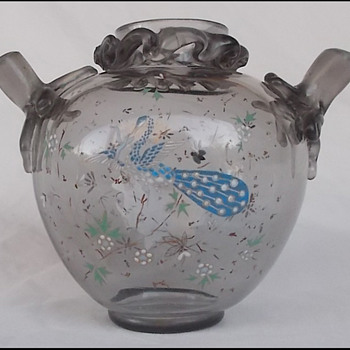 HARRACH SMOKEY GREY GLASS ENEMALED VASE 1880'S ? - Art Glass