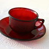 Ruby Red Glass Cup and a Saucer - Is it Anchor Hocking?